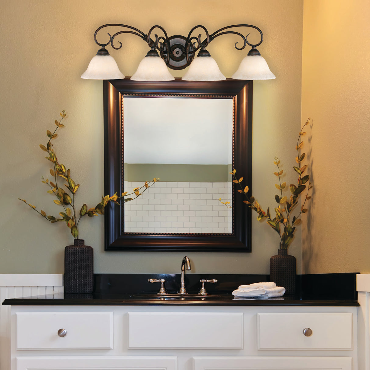 Homestead 4 Light Bath Vanity in Rubbed Bronze with Tea Stone Glass