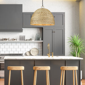 Rue 8 Light Pendant in Matte Black with Woven Sweet Grass Shade