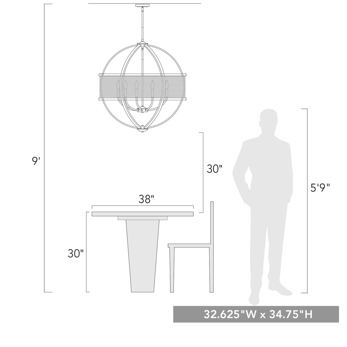 Colson BLK 9 Light Chandelier (with Pewter shade) in Matte Black