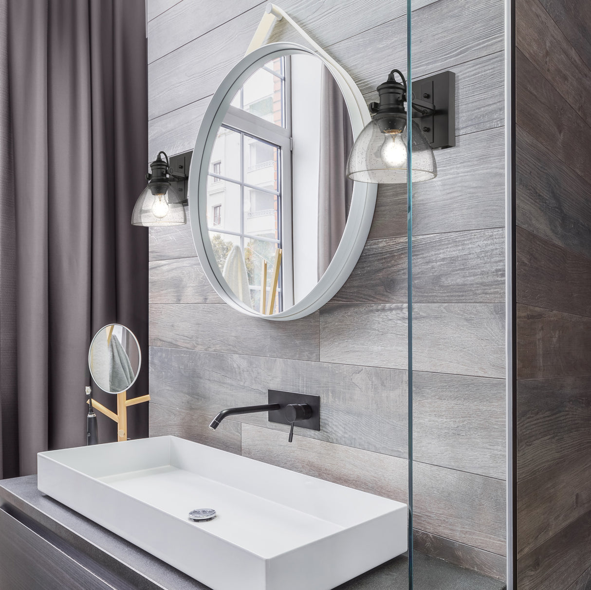 Hines 1-Light Bath Vanity in Matte Black with Seeded Glass
