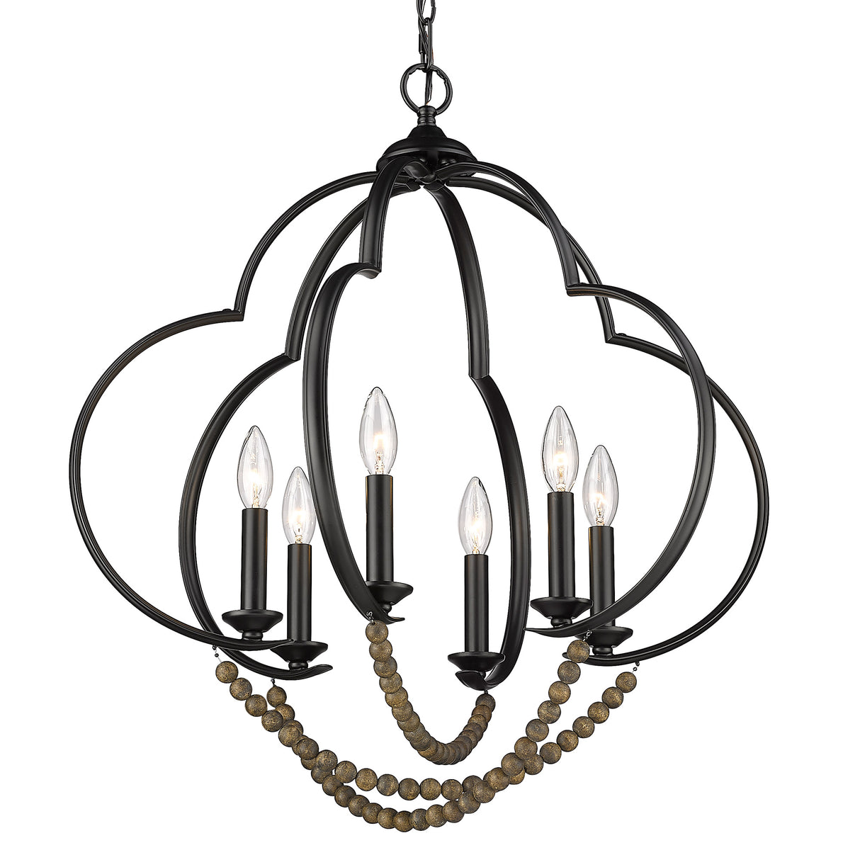 Flori 6 Light Pendant in Matte Black with Espresso Wood Beads