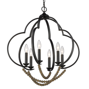 Flori 6 Light Pendant in Matte Black with Espresso Wood Beads