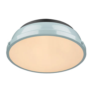 Duncan 14" Flush Mount in Matte Black with a Seafoam Shade