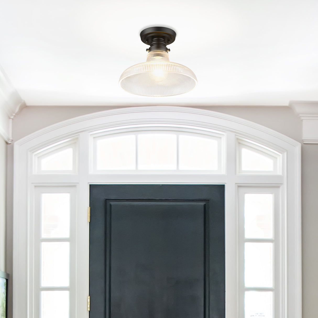 Clary Flush Mount - 10" in Matte Black with Ribbed Optic Glass Shade