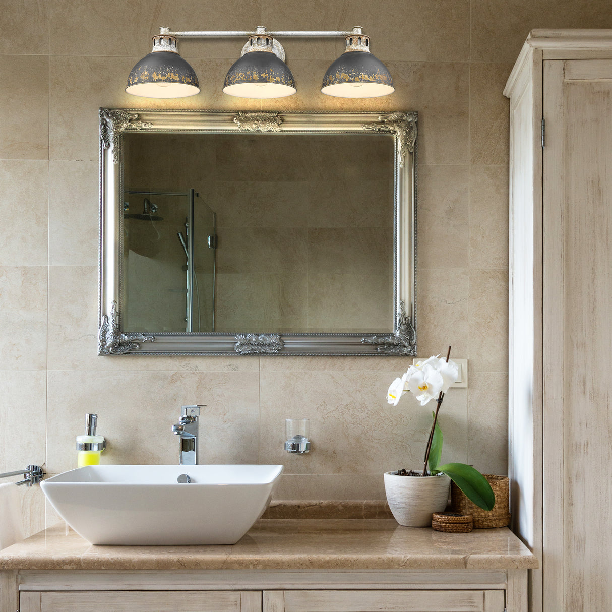 Kinsley 3 Light Bath Vanity in Aged Galvanized Steel with Antique Black Iron Shade