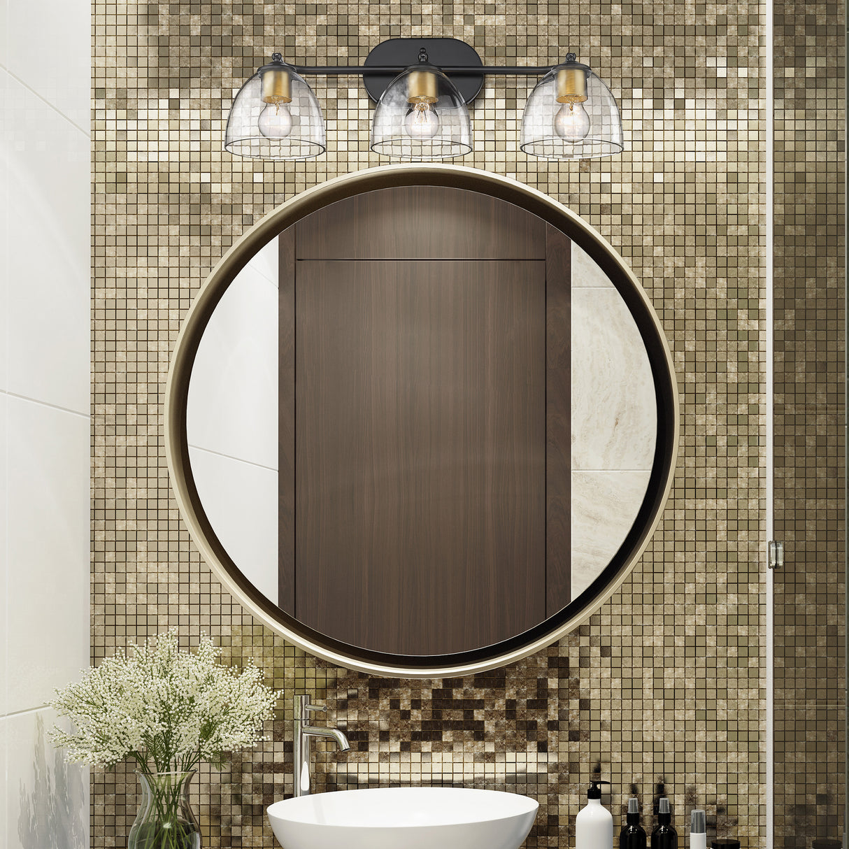 Roxie 3 Light Bath Vanity in Matte Black with Brushed Champagne Bronze Accents and Clear Glass Shade