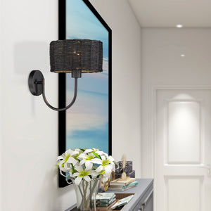 Erma 1 Light Wall Sconce in Matte Black with Black Wicker Shade