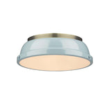 Duncan 14" Flush Mount in Aged Brass with a Seafoam Shade