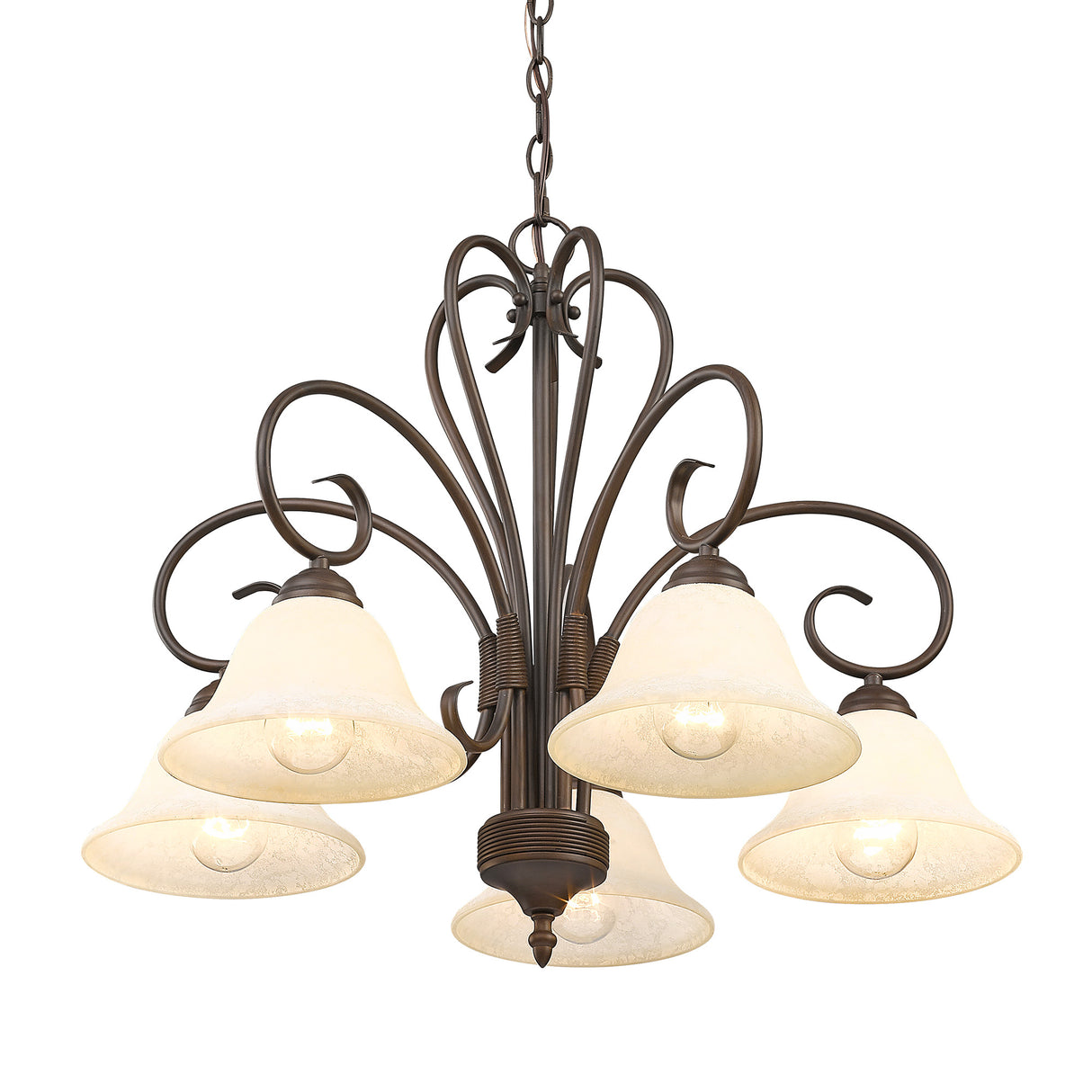 Homestead 5 Light Nook Chandelier in Rubbed Bronze with Tea Stone Glass