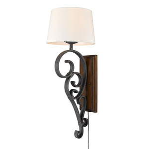 Madera BI Large 1 Light Wall Sconce in Black Iron with Rustic Oak Shade