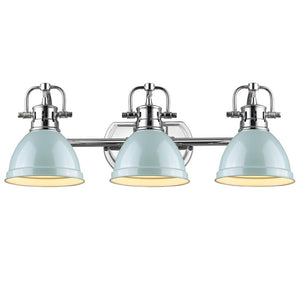 Duncan 3 Light Bath Vanity in Chrome with a Seafoam Shade