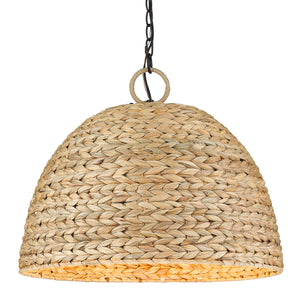 Rue 5 Light Pendant in Matte Black with Woven Sweet Grass Shade