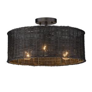Erma 3 Light Semi-Flush in Matte Black with Black Wicker Shade