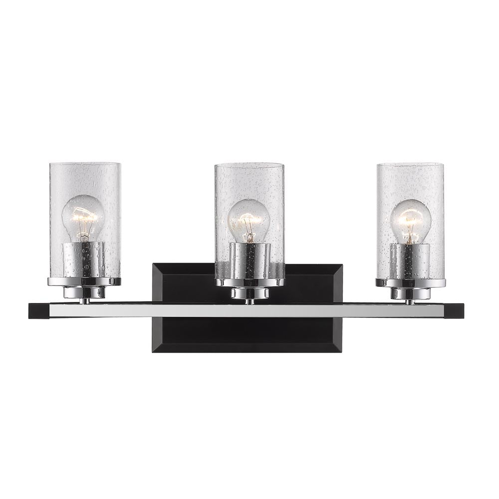 Mercer 3 Light Bath Vanity in Matte Black with Chrome accents and Seeded Glass