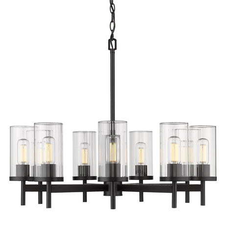Winslett 9 Light Chandelier in Matte Black with Ribbed Clear Glass Shades
