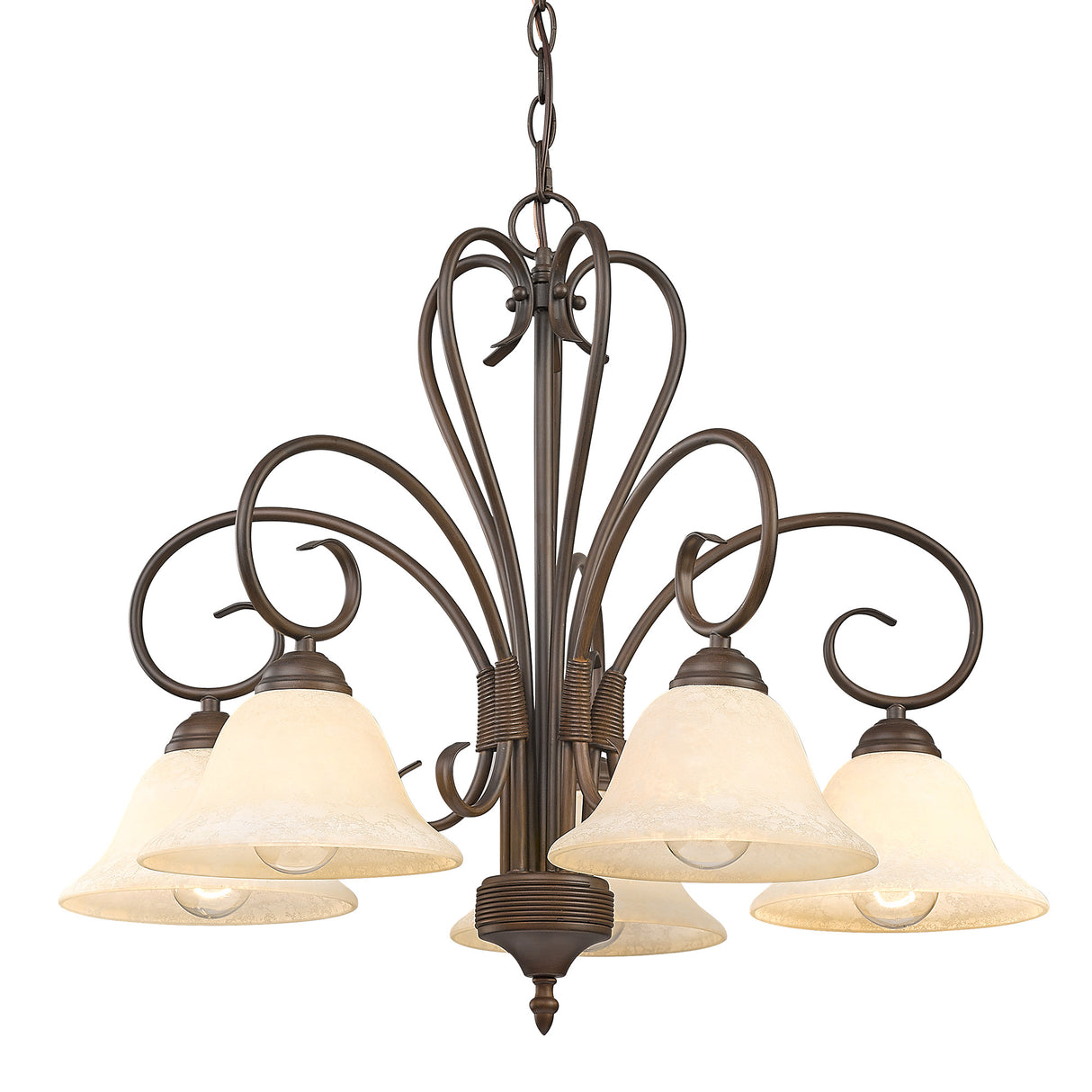 Homestead 5 Light Nook Chandelier in Rubbed Bronze with Tea Stone Glass