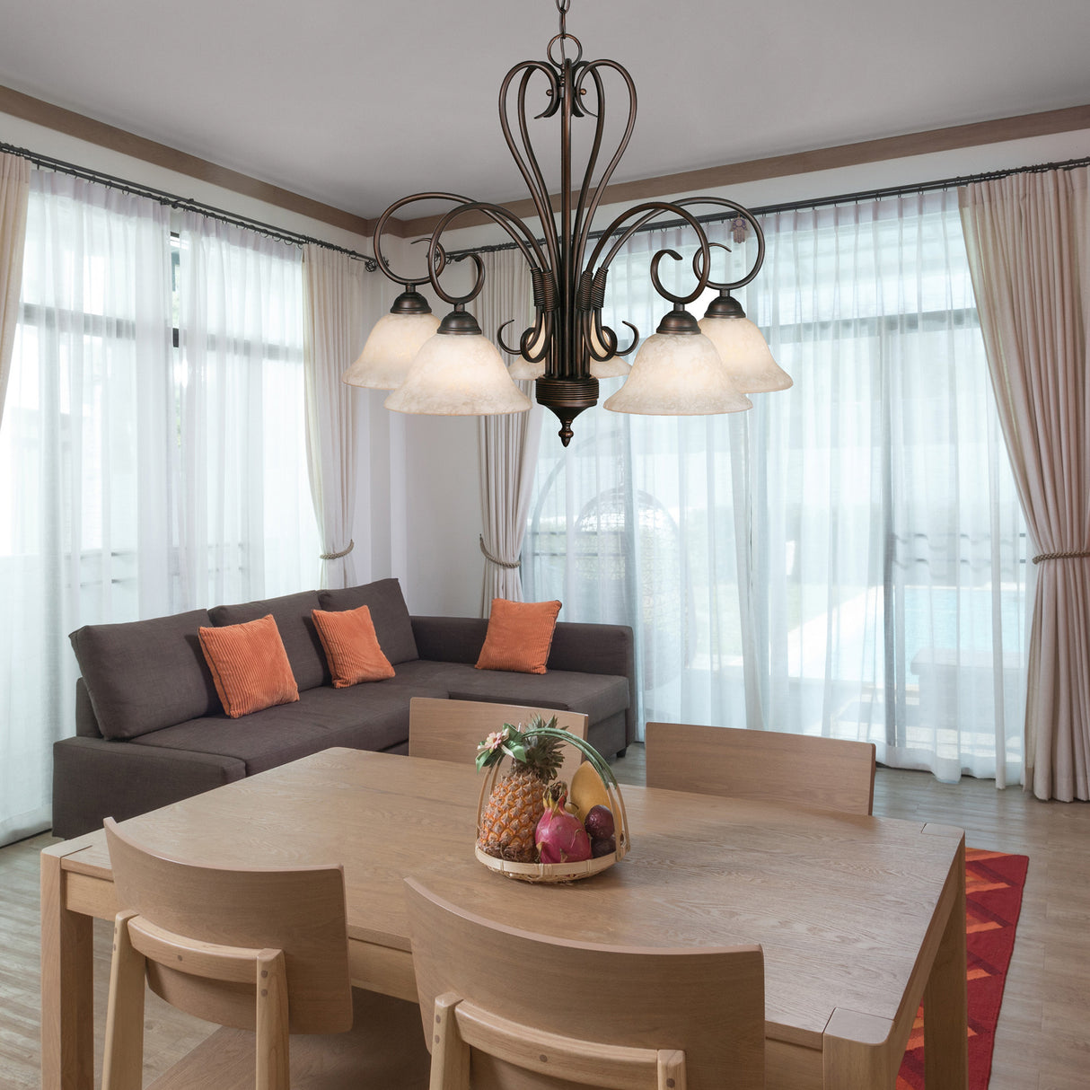 Homestead 5 Light Nook Chandelier in Rubbed Bronze with Tea Stone Glass