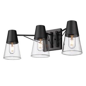 Ryker 3 Light Bath Vanity in Matte Black with Clear Glass Shade