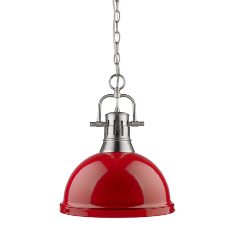 Duncan 1 Light Pendant with Chain in Pewter with a Red Shade