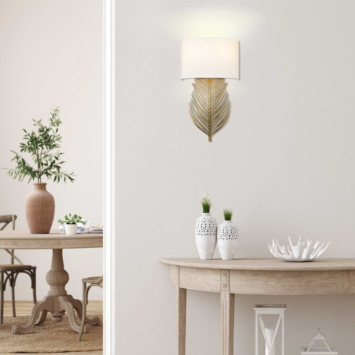 Cay 2 Light Wall Sconce in Vintage Fired Gold with Ivory Linen Shade