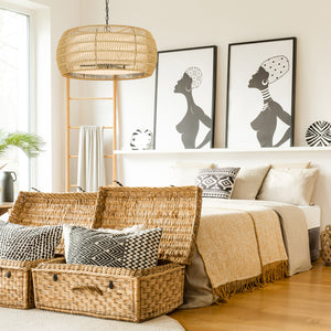 Everly 6 Light Chandelier in Matte Black with Natural Rattan Shade
