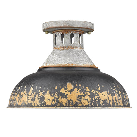 Kinsley Semi-Flush in Aged Galvanized Steel with Antique Black Iron Shade
