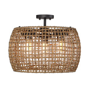 Piper 3 Light Semi-Flush - Outdoor in Natural Black with Maple All-Weather Wicker Shade