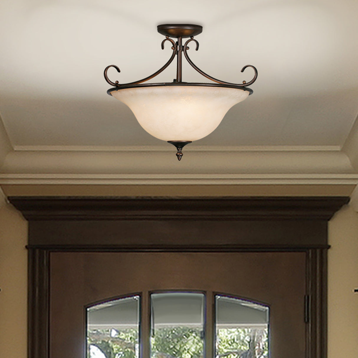 Homestead Semi-Flush in Rubbed Bronze with Tea Stone Glass</p>