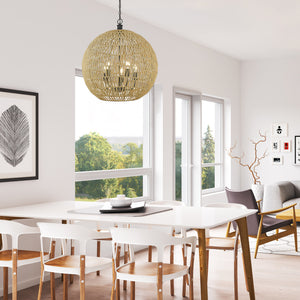 Florence 5-Light Pendant in Matte Black and Natural Raphia Rope Shade