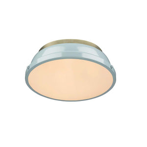 Duncan 14" Flush Mount in Aged Brass with a Seafoam Shade