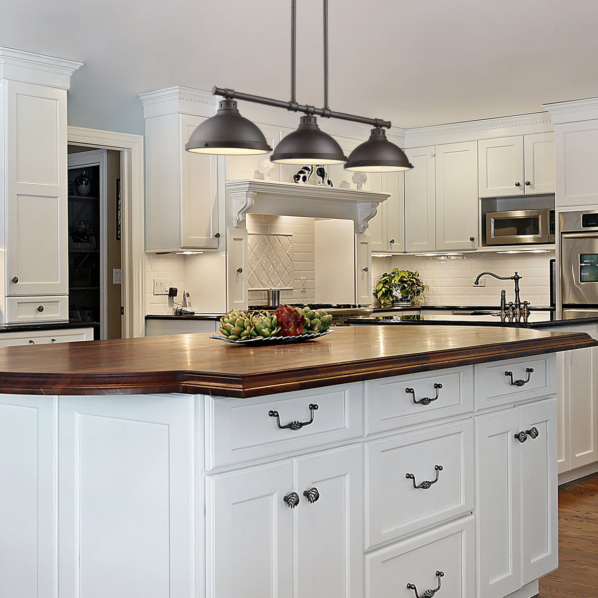 Duncan 3 Light Linear Pendant in Rubbed Bronze with Rubbed Bronze Shades