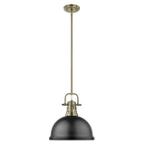 Duncan 1 Light Pendant with Rod in Aged Brass with a Matte Black Shade