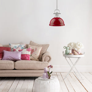 Duncan 1 Light Pendant with Rod in Pewter with a Red Shade