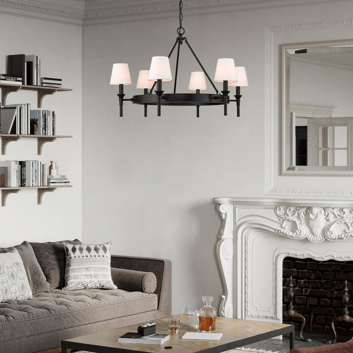 Edinburgh 6 Light Chandelier in Matte Black with Modern White Shade