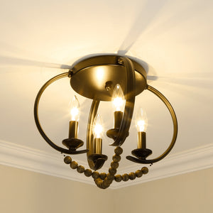 Flori Flush Mount in Matte Black with Espresso Wood Beads