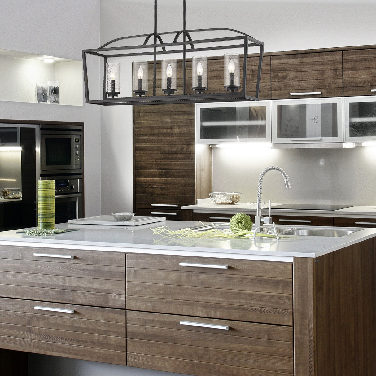 Mercer 5 Light Linear Pendant in Matte Black with Matte Black accents and Seeded Glass