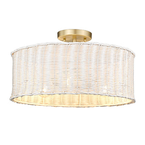 Erma BCB 3 Light Semi-Flush in Brushed Champagne Bronze with White Wicker Shade