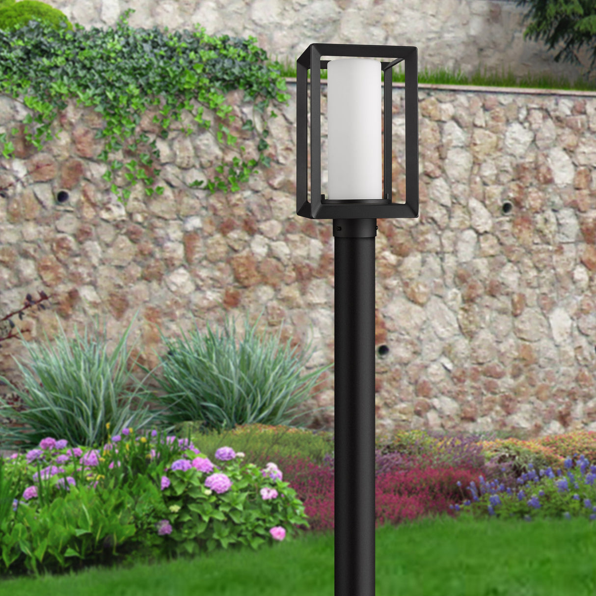 Smyth NB Post Mount - Outdoor in Natural Black with Opal Glass Shade