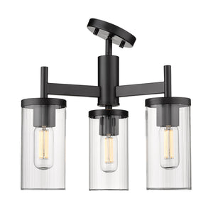 Winslett 3-Light Semi-Flush in Matte Black with Ribbed Clear Glass Shades