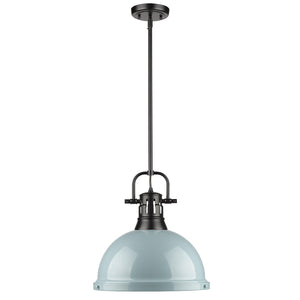Duncan 1 Light Pendant with Rod in Matte Black with a Seafoam Shade