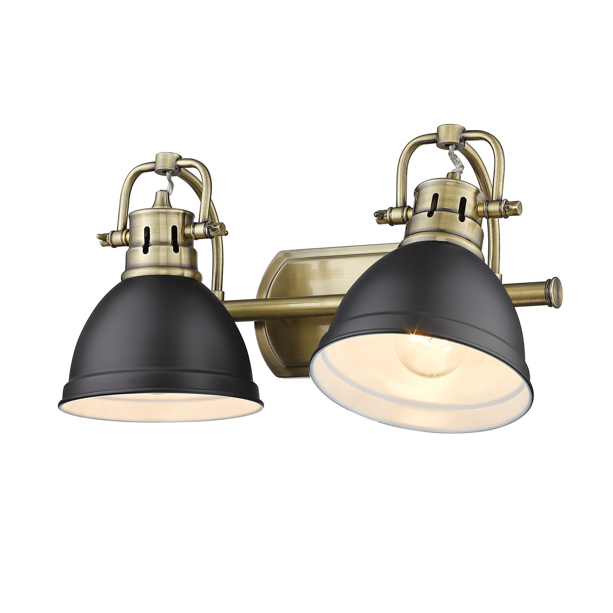Duncan 2 Light Bath Vanity in Aged Brass with Matte Black Shades