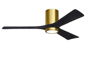 Matthews Fan IR3HLK-BRBR-BK-52 Irene-3HLK three-blade flush mount paddle fan in Brushed Brass finish with 52” solid matte black wood blades and integrated LED light kit.