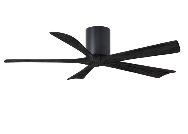 Matthews Fan IR5H-BK-BK-52 Irene-5H five-blade flush mount paddle fan in Matte Black finish with 52” solid matte black wood blades. 