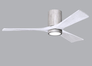 Matthews Fan IR3HLK-BW-MWH-52 Irene-3HLK three-blade flush mount paddle fan in Barn Wood finish with 52” solid matte white wood blades and integrated LED light kit.