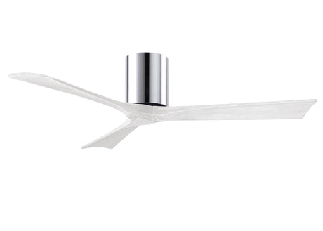 Matthews Fan IR3H-CR-MWH-52 Irene-3H three-blade flush mount paddle fan in Polished Chrome finish with 52” solid matte white wood blades. 
