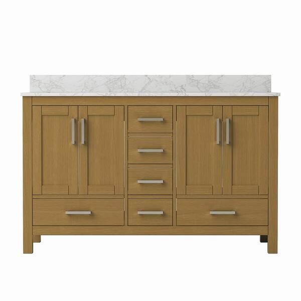 New England Home Goods Etna 55" Single Sink Vanity in White with Double Bowl Quartz Top