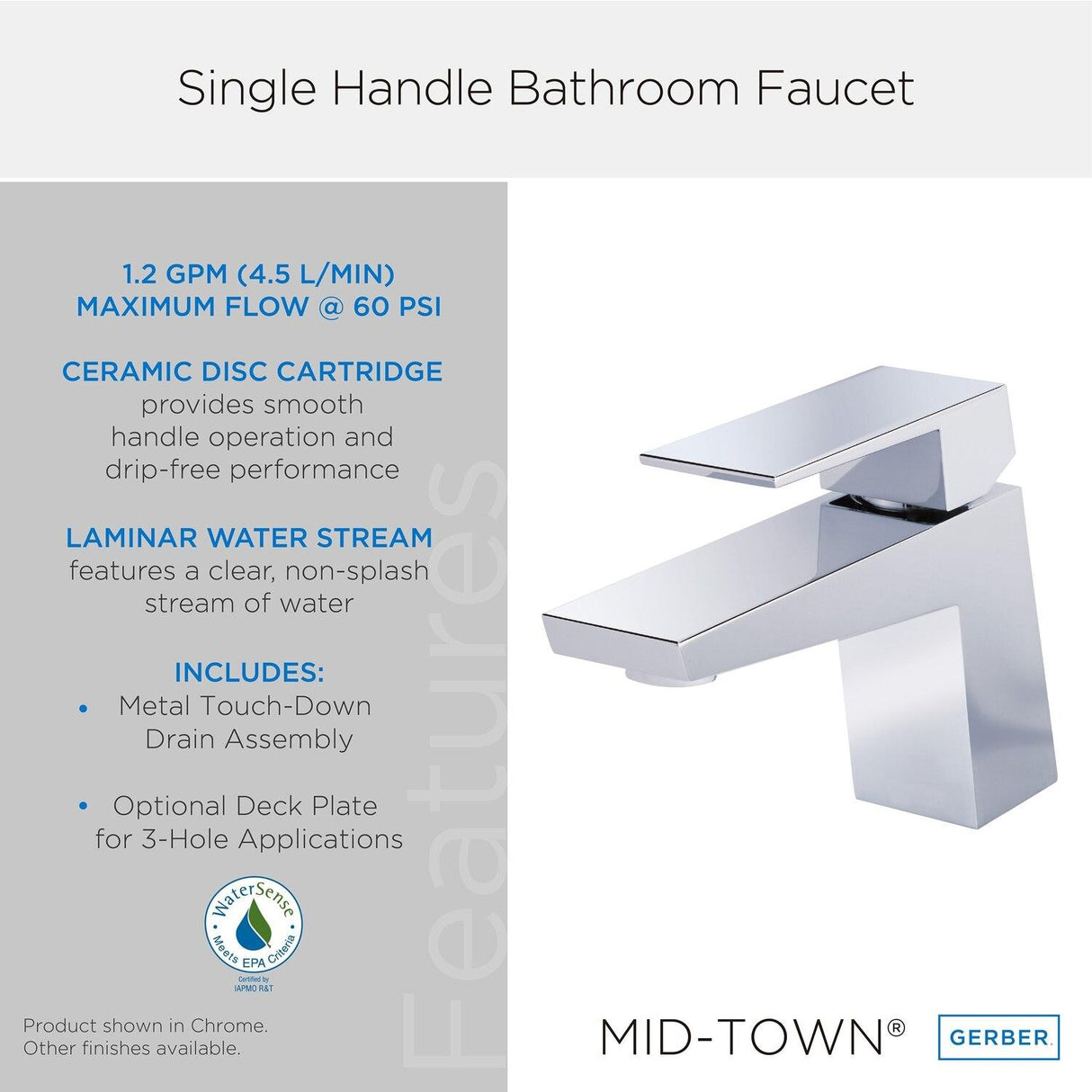 Gerber D222562 Chrome Mid-town Single Handle Lavatory Faucet