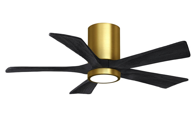 Matthews Fan IR5HLK-BRBR-BK-42 IR5HLK five-blade flush mount paddle fan in Brushed Brass finish with 42” solid barn wood tone blades and integrated LED light kit.