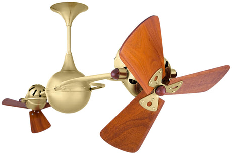 Matthews Fan IV-BRBR-WD Italo Ventania 360° dual headed rotational ceiling fan in brushed brass finish with solid sustainable mahogany wood blades.