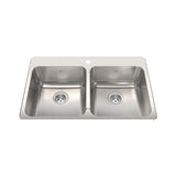 KINDRED QDLA2233-8-1N Steel Queen 33.38-in LR x 22-in FB x 8-in DP Drop In Double Bowl 1-Hole Stainless Steel Kitchen Sink In Satin Finished Bowls with Mirror Finished Rim